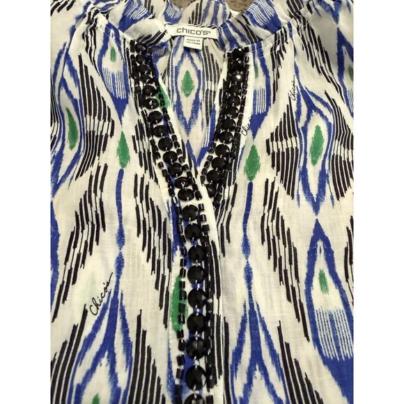 Chicos Linen Tribal Print Jeweled Neckline Ruffle Drawstring Sleeves Size 0.5/6 - Picture 2 of 8